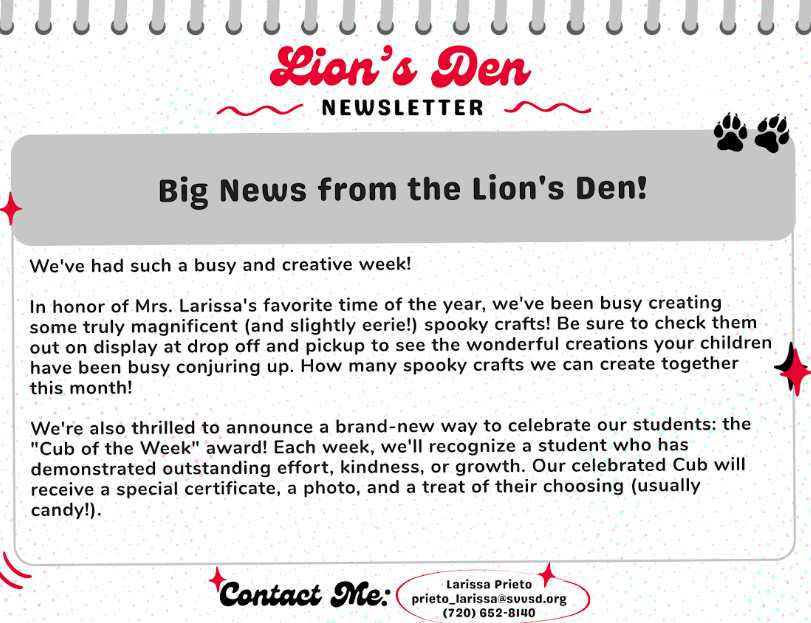 Newsletter announcing creative activities and a "Cub of the Week" award for students at Lion's Den.