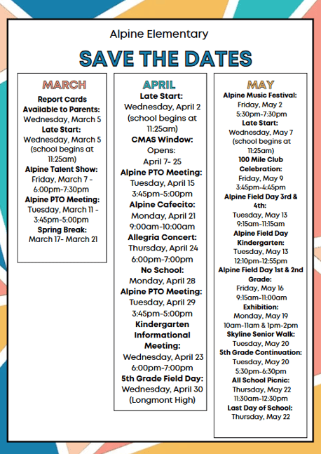 Alpine Elementary's events schedule for March, April, and May, highlighting important dates and meetings.