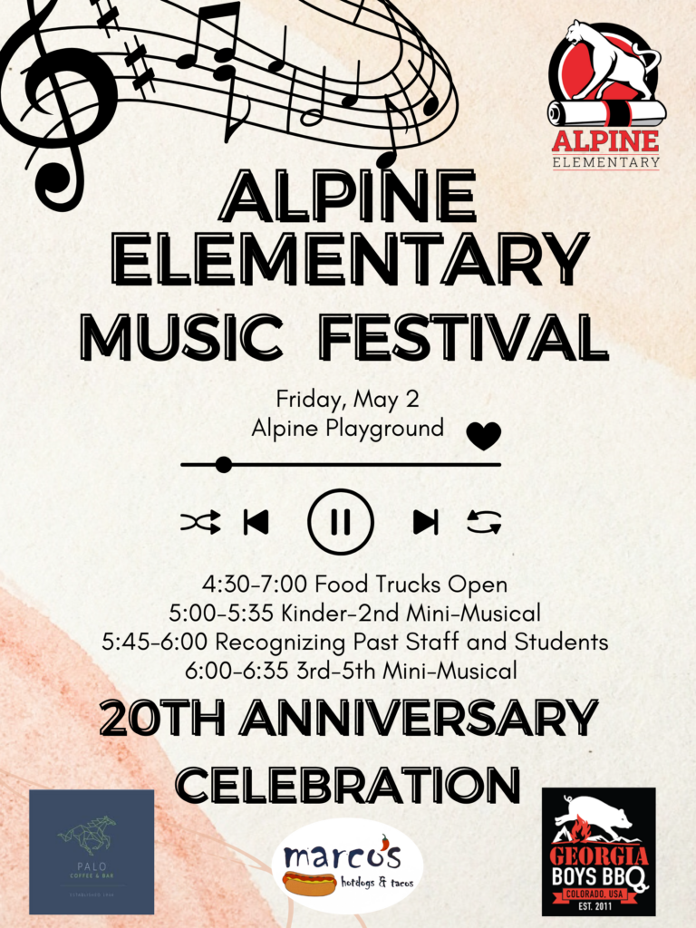 Graphic for the Alpine Elementary Music Festival, featuring event details for May 2, including food trucks and performances.