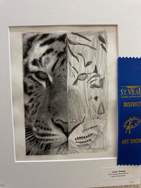 A detailed pencil drawing of a tiger's face, partially sketched with artistic lines, awarded a blue ribbon.