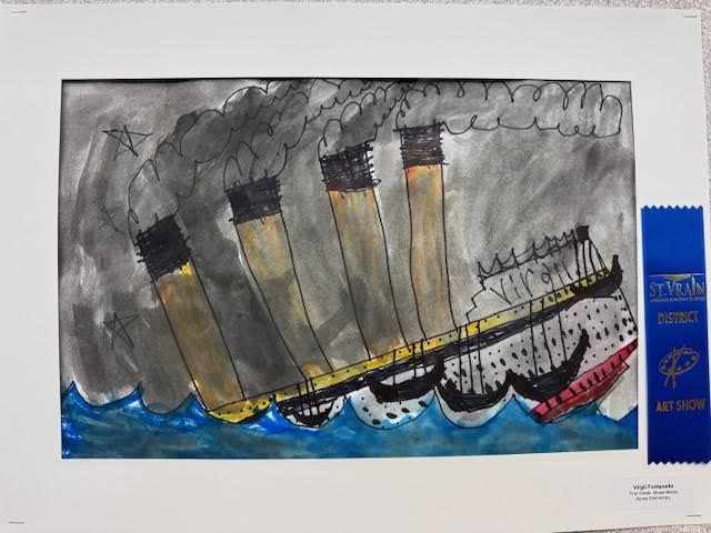 A colorful drawing of a sinking ship with smoke and waves, accompanied by a blue award ribbon on the side.