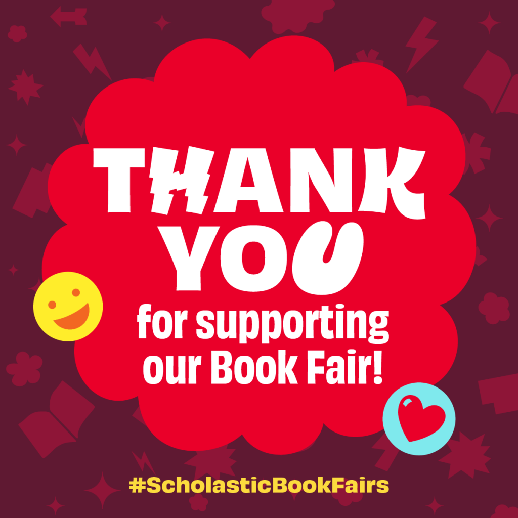 Graphic with a red background thanking supporters of a Book Fair, featuring emojis and the hashtag #ScholasticBookFairs.