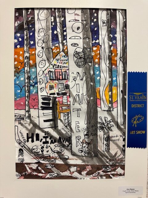 A colorful drawing of snowy trees with the word "WINTER" and various doodles, featuring a blue ribbon award on the side.