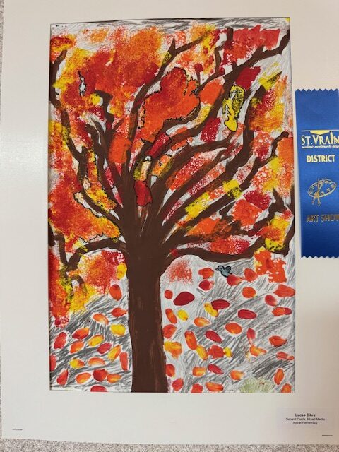 A colorful fall tree with vibrant orange and red leaves, surrounded by fallen leaves and a blue ribbon indicating an award.