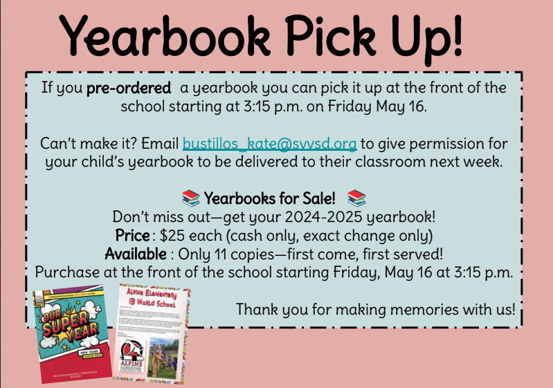 Image promoting yearbook pick up, details on pre-ordered and available yearbooks, prices, and email contact.