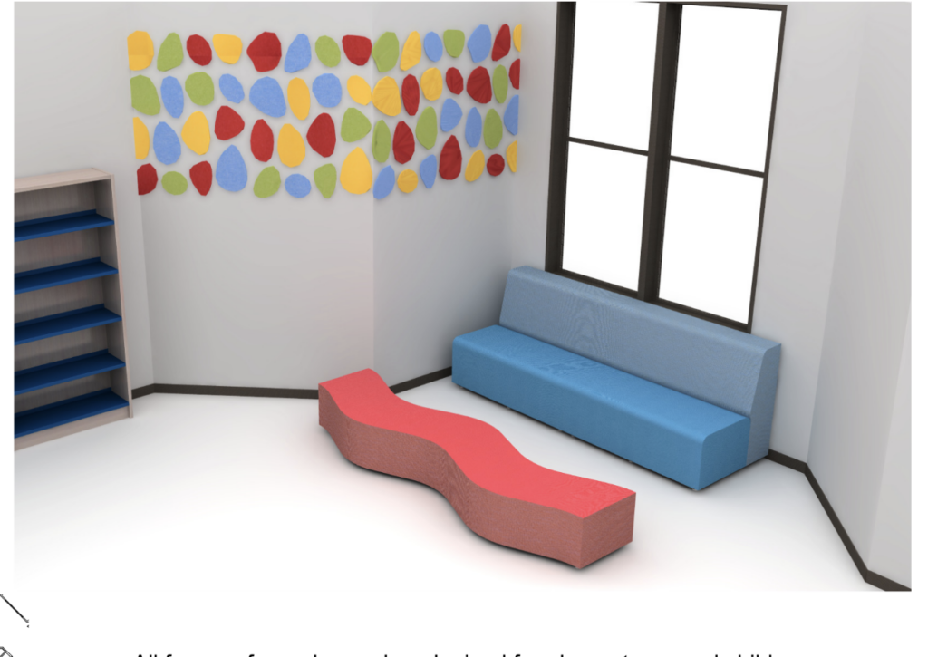 A colorful indoor space featuring a blue couch, a red wave-shaped bench, and a wall with vibrant abstract shapes.
