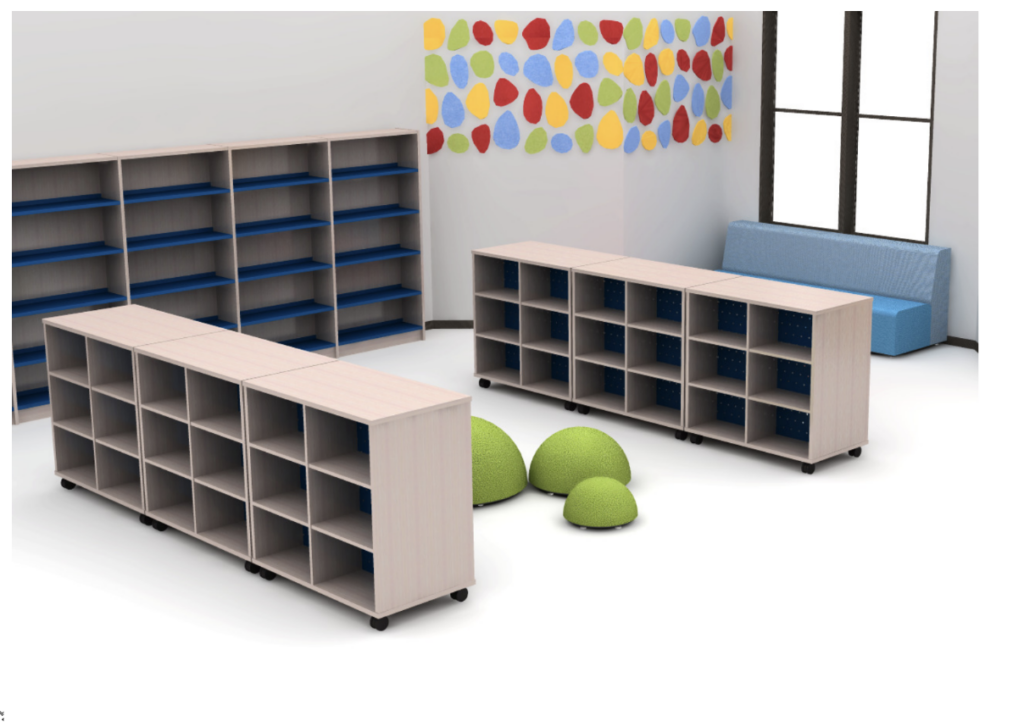A classroom interior featuring shelves, a blue couch, and green seating elements against a colorful wall.