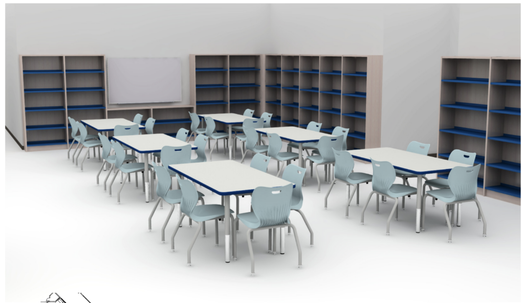 A spacious classroom with multiple blue and white tables, light blue chairs, and bookshelf-lined walls.