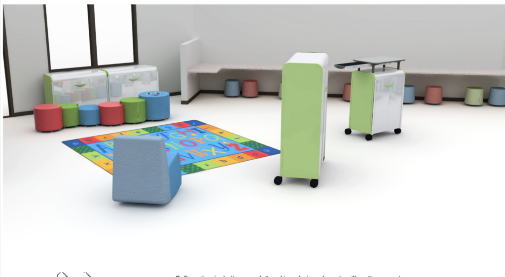 A colorful learning environment with soft seating, a rug with letters, and storage carts in a bright room.