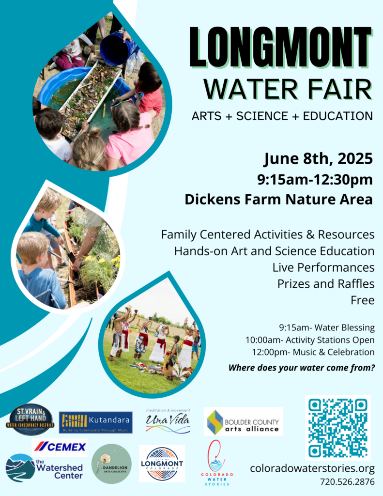 Promotional flyer for the Longmont Water Fair, featuring event details and activities for families on June 8, 2025.