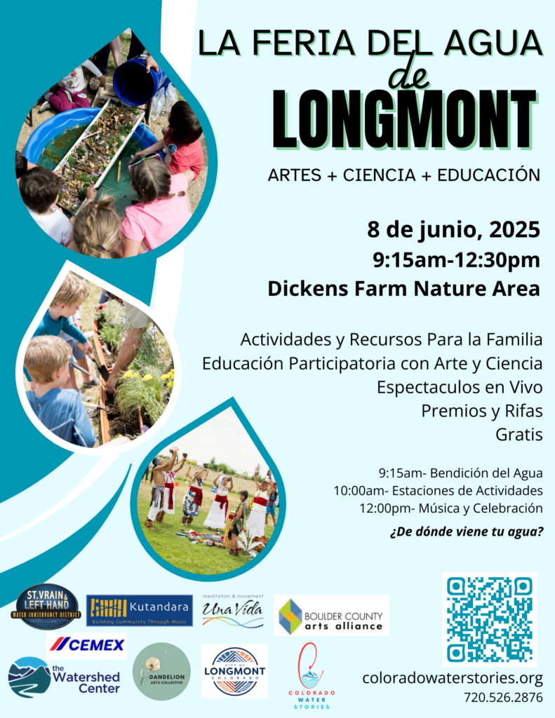 Event flyer for Longmont Water Fair: activities, arts, and science for families on June 8, 2025, from 9:15 AM to 12:30 PM.