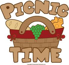 Illustration of a picnic basket with bread, cheese, and grapes, accompanied by the text "Picnic Time."