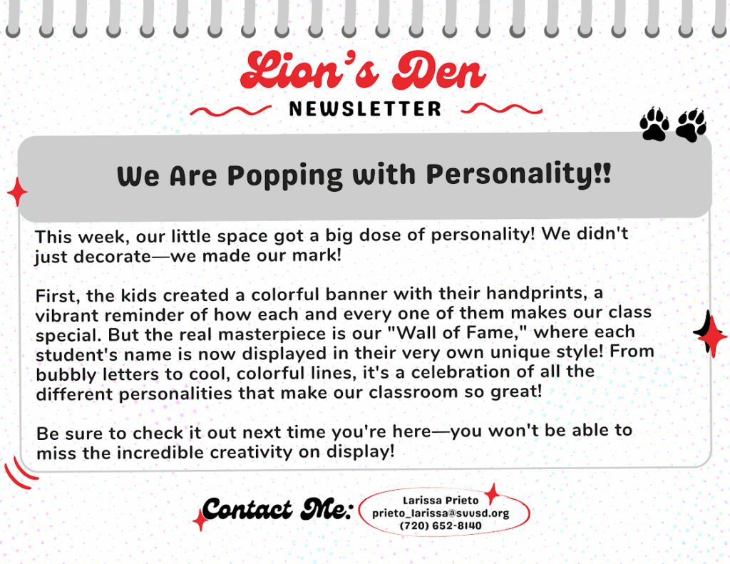 Newsletter titled "Lion's Den" highlights students' colorful handprint banner and unique "Wall of Fame" display.