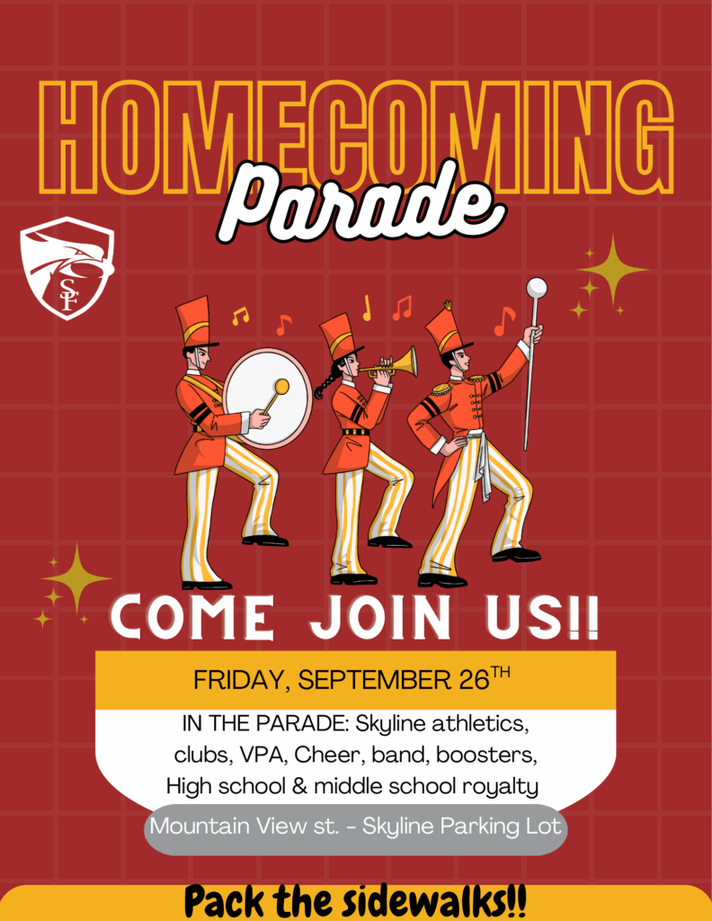 Homecoming Parade poster featuring marching band members, event details, and a call to join on September 26th.
