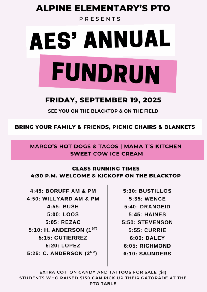 Poster for Alpine Elementary's annual Fundrun on September 19, 2025, with event details and class schedules.