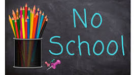 Colorful pencils in a cup next to the text "No School" on a chalkboard background.