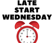 Text graphic stating "Late Start Wednesday" with an illustration of a red alarm clock.
