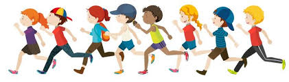 A diverse group of eight children running in a line, wearing colorful clothing and various hats.