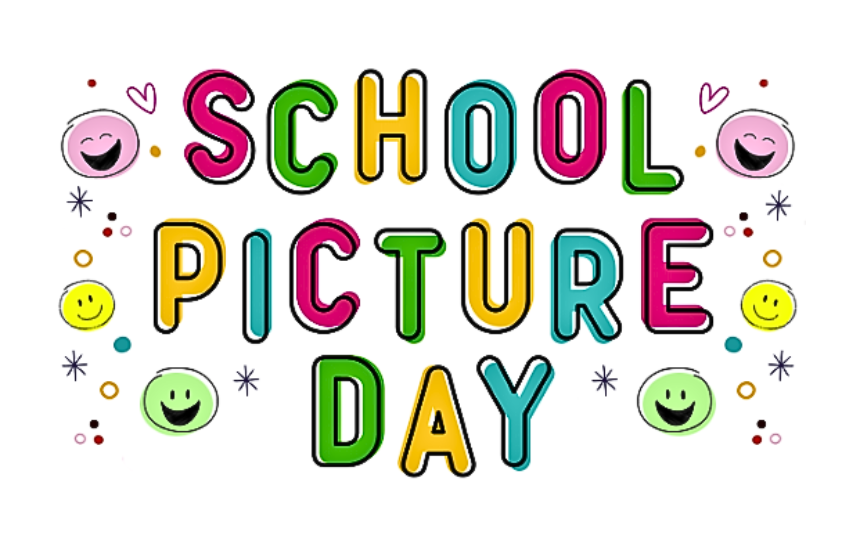 Colorful text that reads "School Picture Day," surrounded by smiley faces and decorative elements.