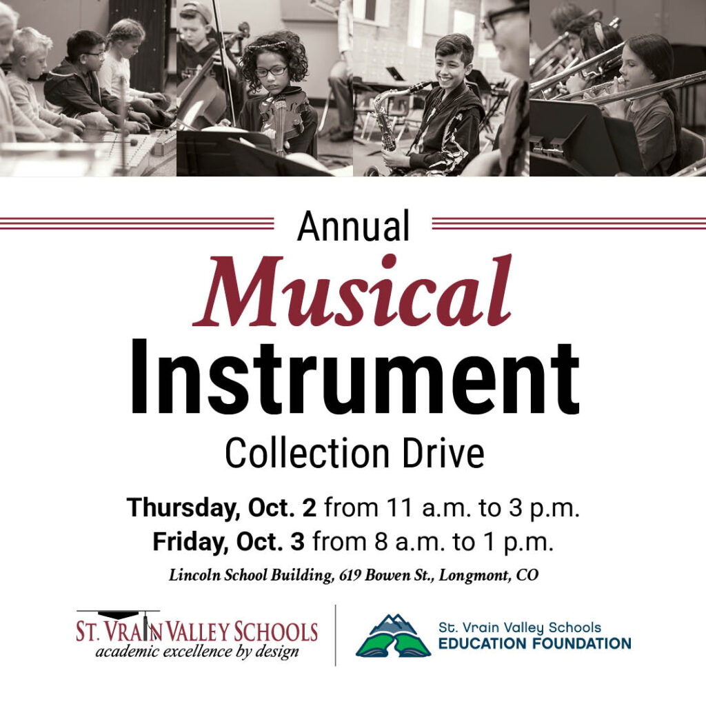 Annual musical instrument collection drive details for St. Vrain Valley Schools on October 2 and 3, 2023.