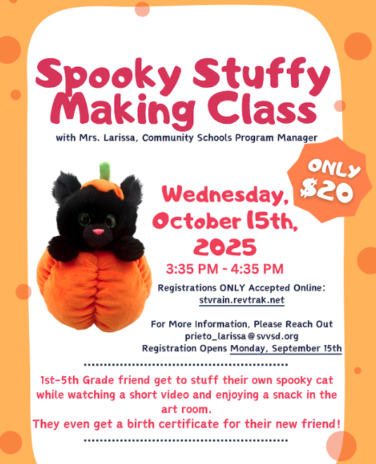 Poster for a Spooky Stuffy Making Class on October 15, 2025, from 3:35 PM to 4:35 PM for grades 1-5.