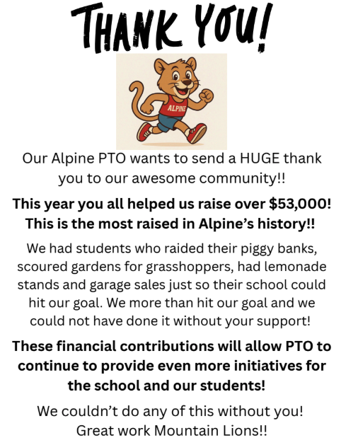 Image of a cartoon lion mascot with the text expressing gratitude from the Alpine PTO for raising over $53,000.