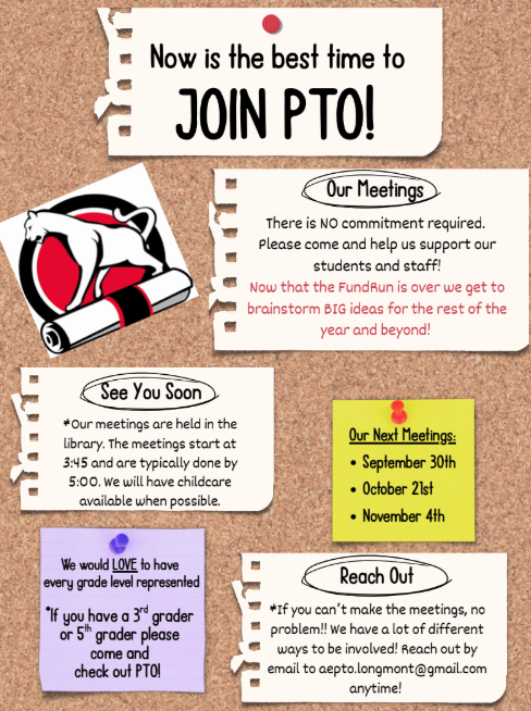 Poster encouraging joining the PTO, detailing meetings, dates, and a call for participation with childcare options.