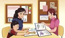 A child and two women engage in a learning activity, reviewing colorful drawings and educational materials at a table.