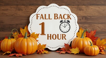 Sign with "Fall Back 1 Hour" text, surrounded by autumn leaves and pumpkins on a wooden background.