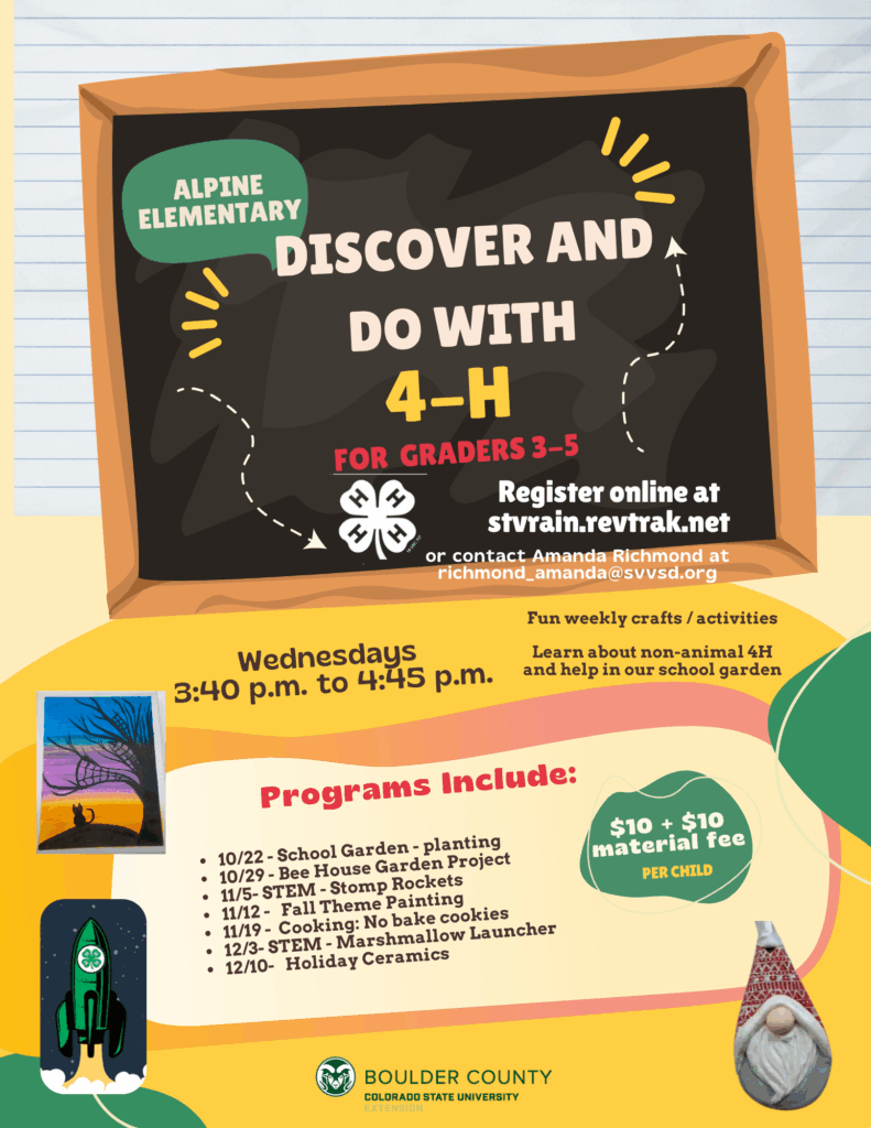 Event flyer for Alpine Elementary's 4-H program, featuring activities for grades 3-5 on Wednesdays.