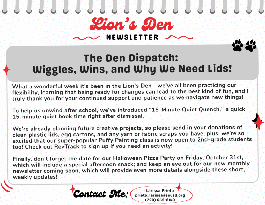 Newsletter from Lion's Den highlights activities, donations needed, and upcoming events like a Halloween Pizza Party.