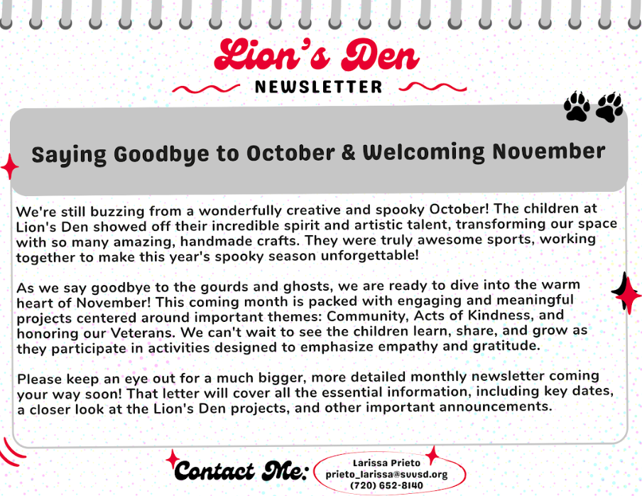 Newsletter from Lion's Den highlights October activities and November projects focused on community and gratitude.