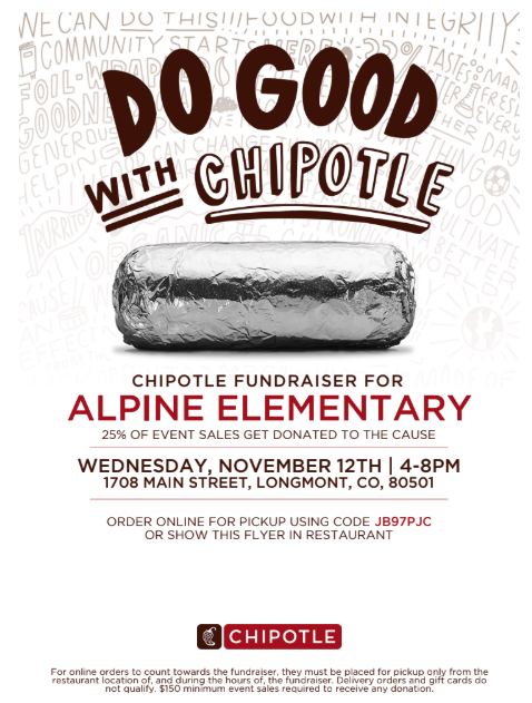 Promotional flyer for a Chipotle fundraiser for Alpine Elementary on November 12th, 4-8 PM, with 25% donations.