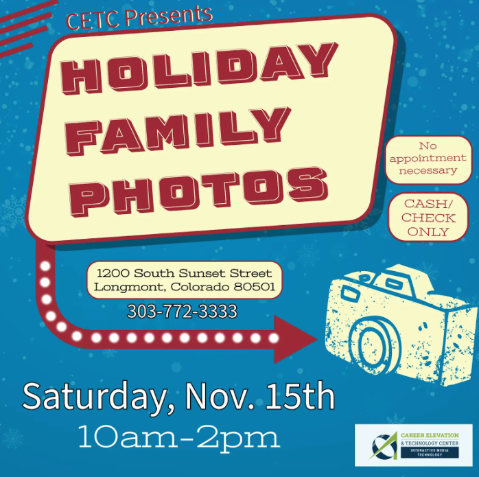 Event flyer for Holiday Family Photos on Nov. 15, 10am-2pm, at 1200 S Sunset St, Longmont, CO. Cash/check only.