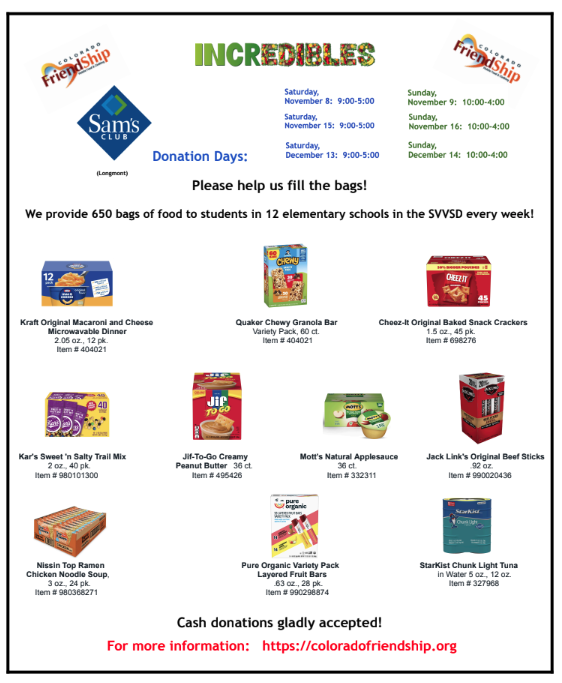 Image of a food donation flyer listing items needed and donation days at Sam's Club for local elementary students.