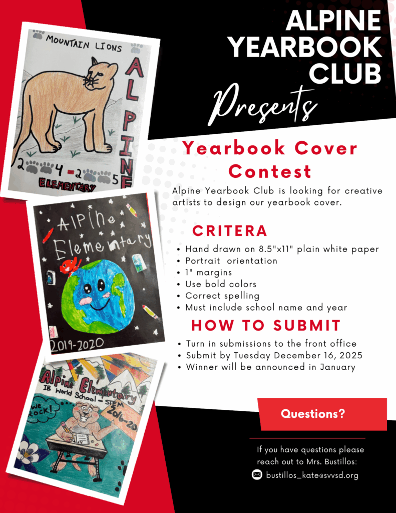 Poster for the Alpine Yearbook Club contest featuring cover art submissions criteria and submission details.