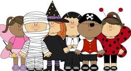 A group of children in costumes: a mummy, witch, pirate, and ladybug, standing together in a colorful setting.