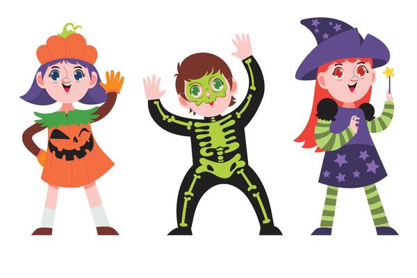 Three children in Halloween costumes: a pumpkin girl, a skeleton boy, and a witch with a wand, all smiling and playful.