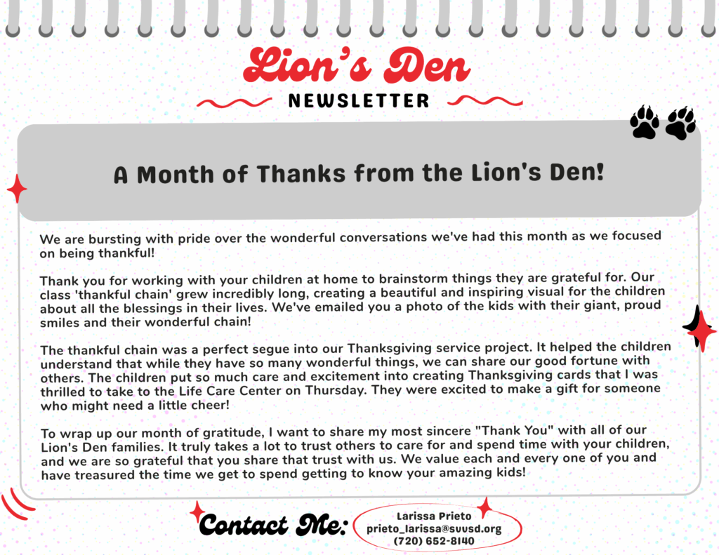 Newsletter from Lion's Den expressing gratitude, featuring a thankfulness chain created by children. Contact details included.