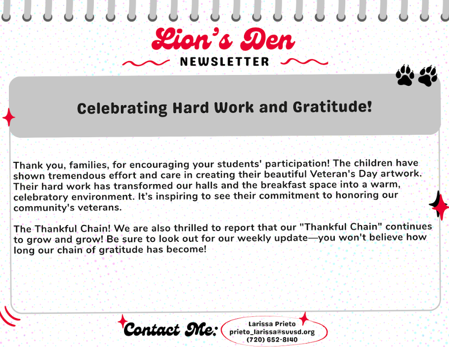 Newsletter titled "Lion's Den" celebrating student efforts for Veteran's Day and the growing "Thankful Chain" initiative.