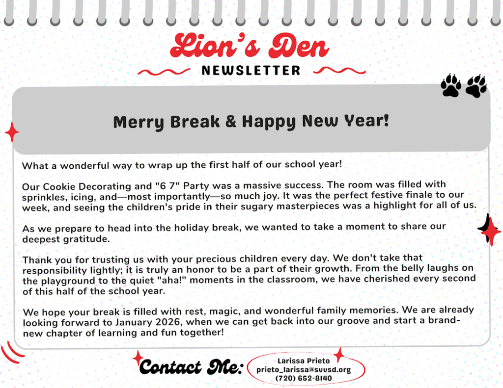 Newsletter announcing a holiday break, celebrating a successful cookie decorating event, and expressing gratitude to families.