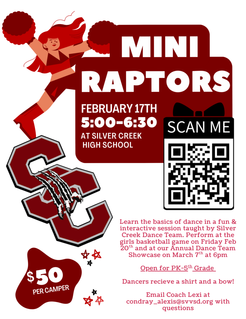 Event flyer for Mini Raptors dance session on February 17th at Silver Creek High School, includes details and QR code.