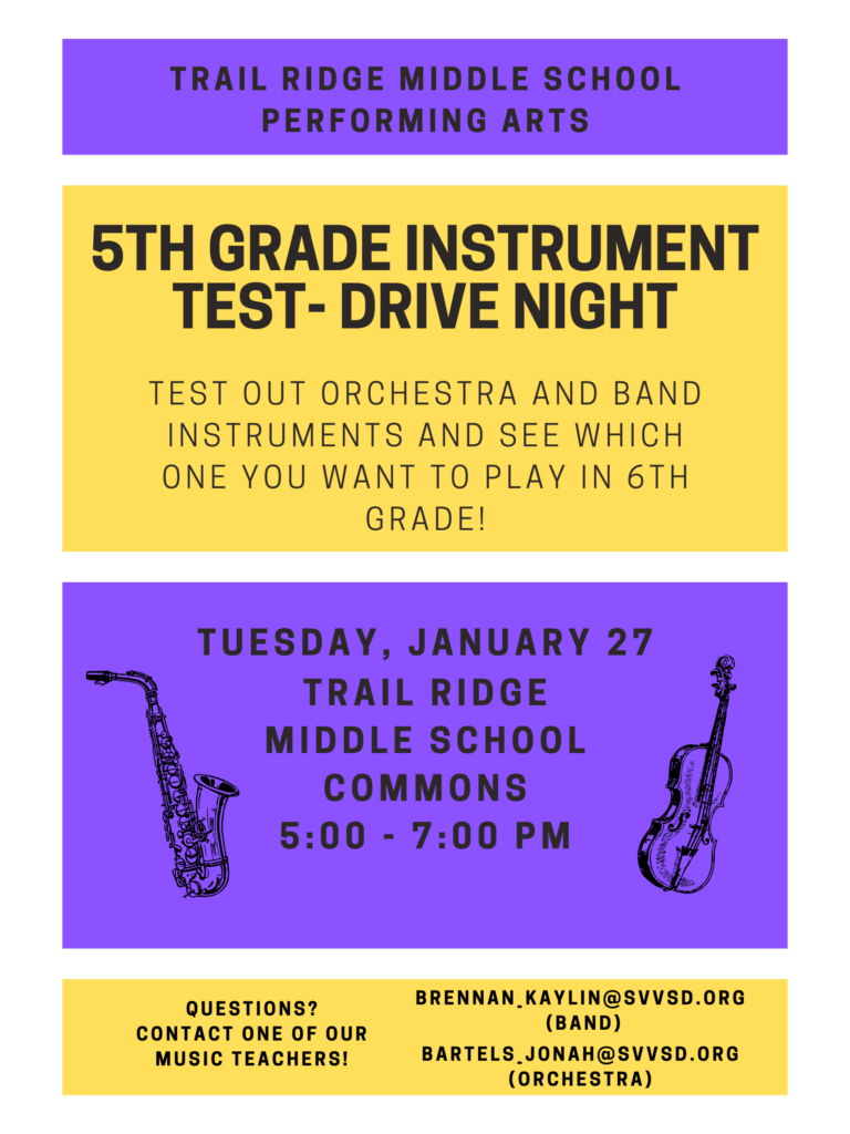 Event flyer for 5th grade instrument test drive night at Trail Ridge Middle School, January 27, 5-7 PM.