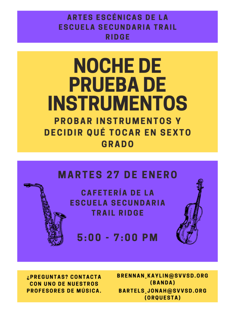 Event flyer for Trail Ridge Middle School's instrument testing night on January 27, 5-7 PM, with contact info.
