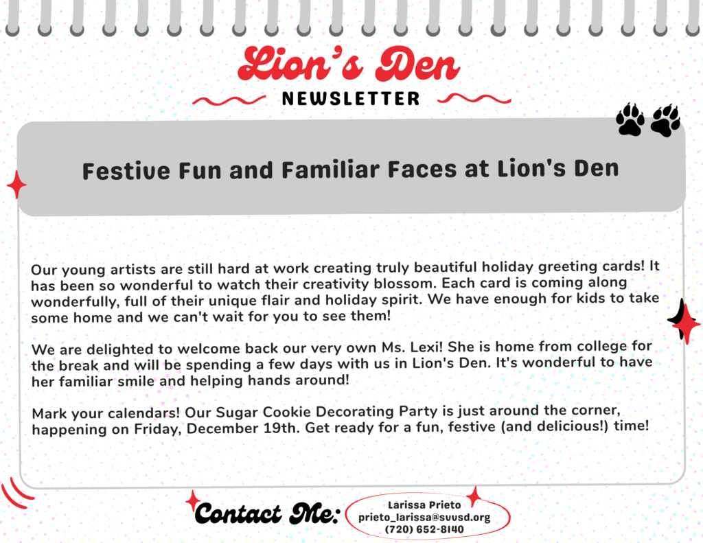 Newsletter titled "Lion's Den" highlights holiday card creations by kids and announces a Sugar Cookie Decorating Party.