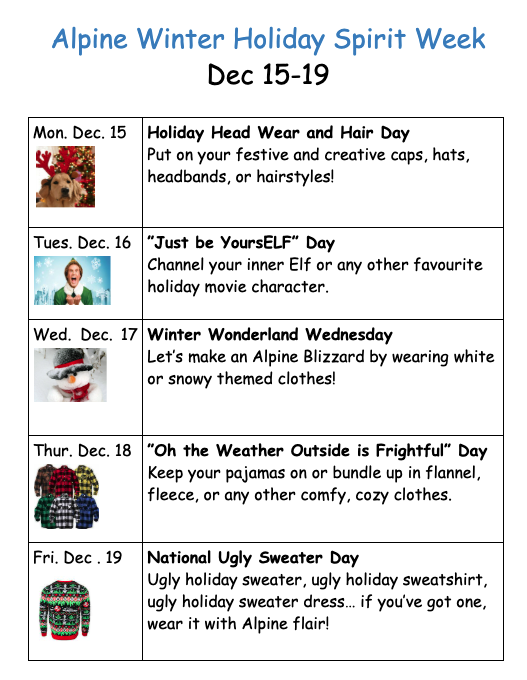 Image of a colorful schedule for Alpine Winter Holiday Spirit Week, detailing themed days from Dec 15-19.