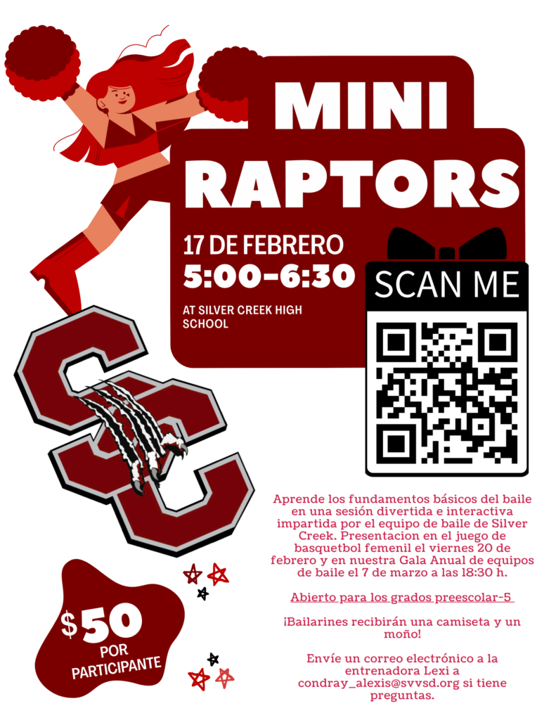 Event flyer for Mini Raptors dance session on February 17, 5-6:30 PM at Silver Creek High School, $50 per participant.