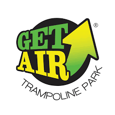 Logo of Get Air Trampoline Park featuring bold text and an upward arrow, emphasizing fun and energetic activities.