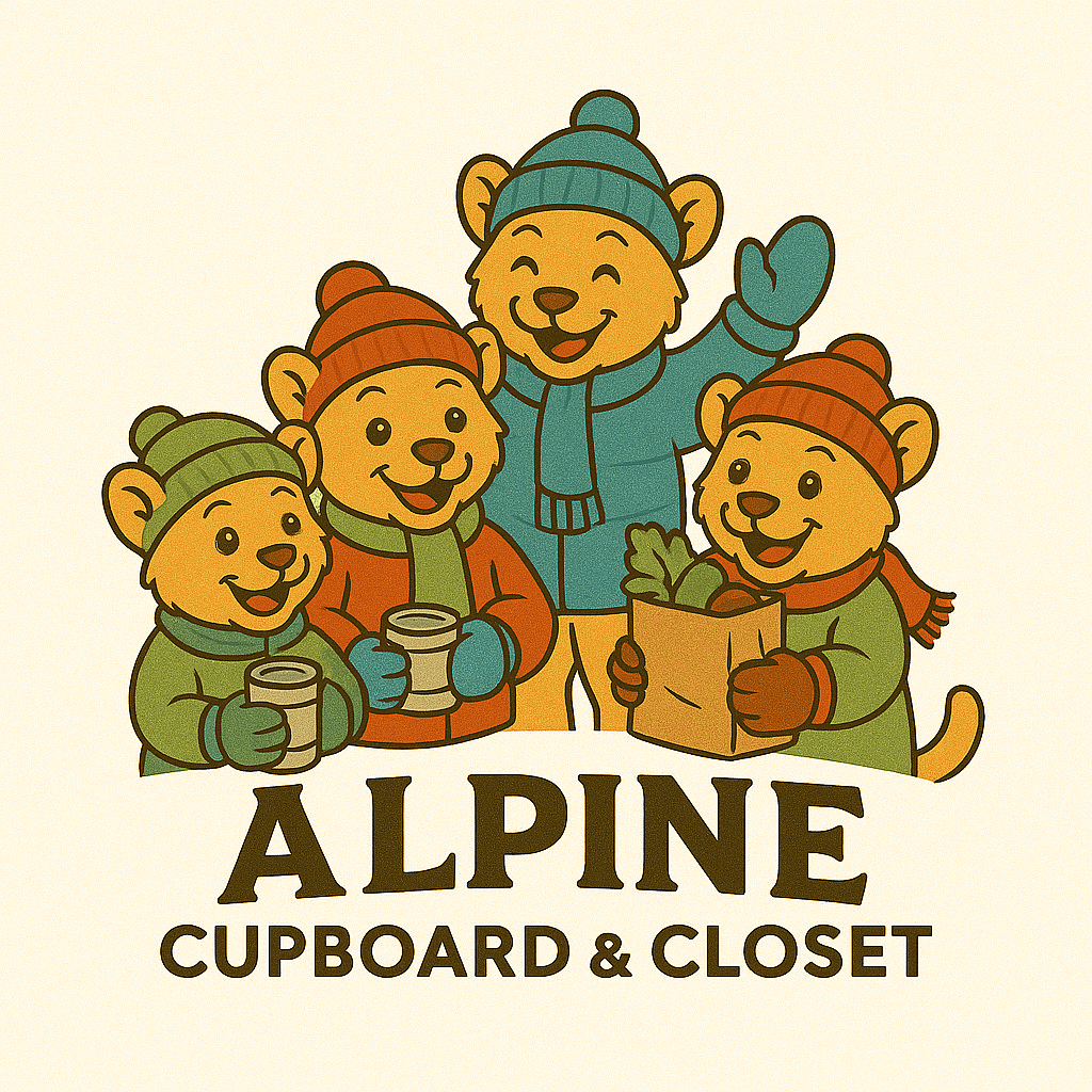Four cartoon bears in winter attire smile and hold mugs and a bag of vegetables, with "Alpine Cupboard & Closet" text.