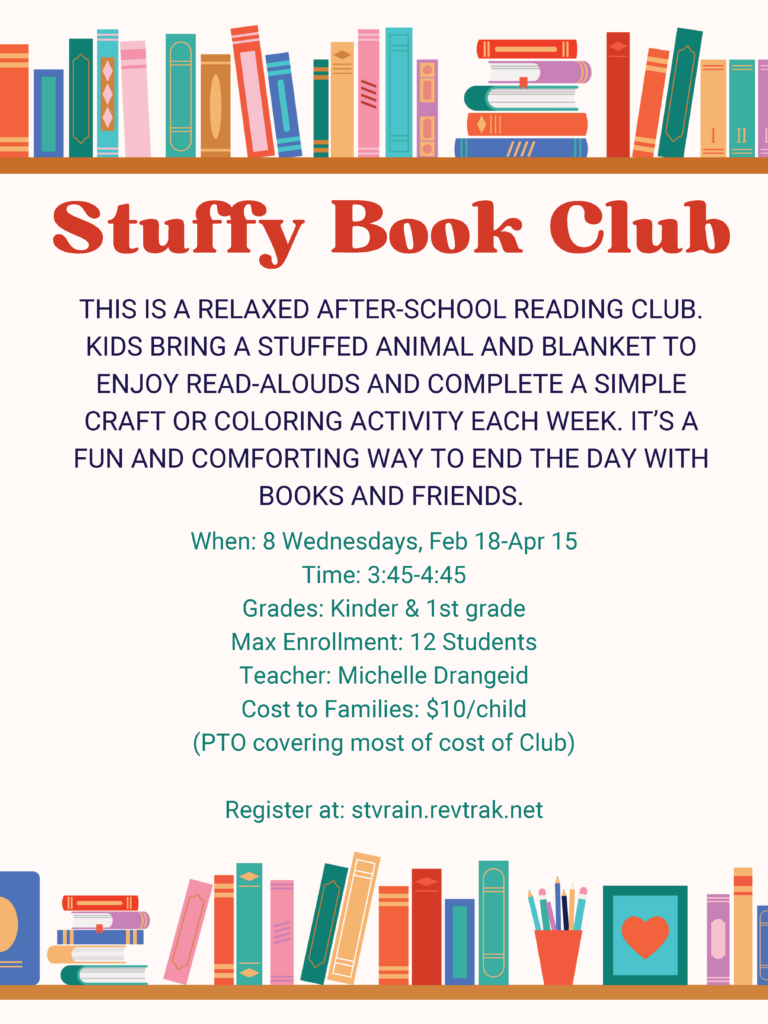 Colorful flyer for a Stuffy Book Club, detailing activities, schedule, and registration information for kids.